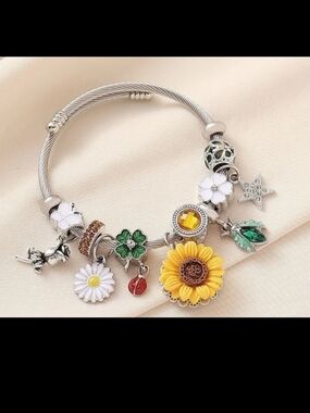 Silver-Tone Sunflower & Floral Charm Bracelet - Yellow and Green
